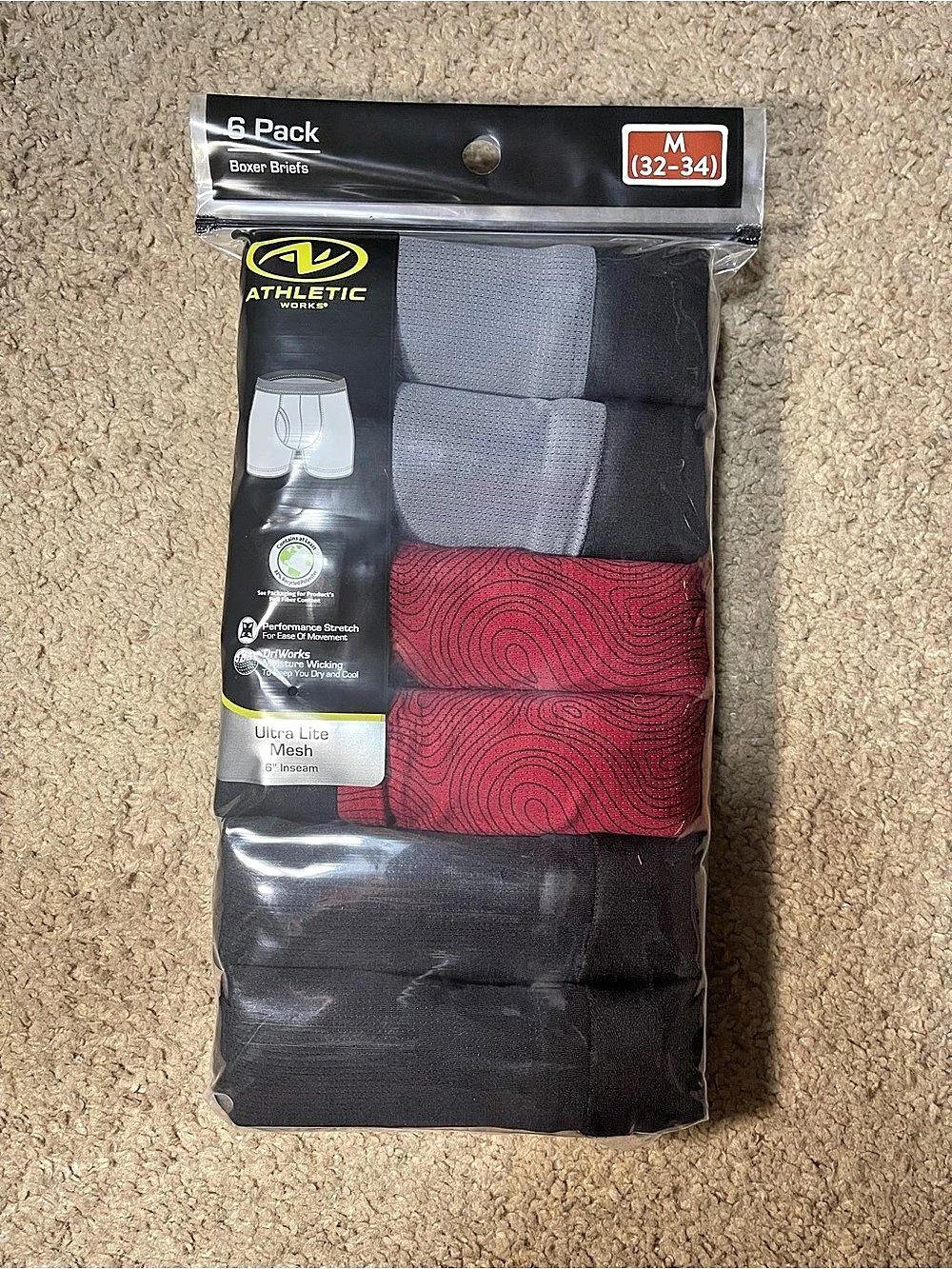 Athletic Works Men's Size M Boxer Briefs Underwear 6 Pack - 6 inch Inseam New